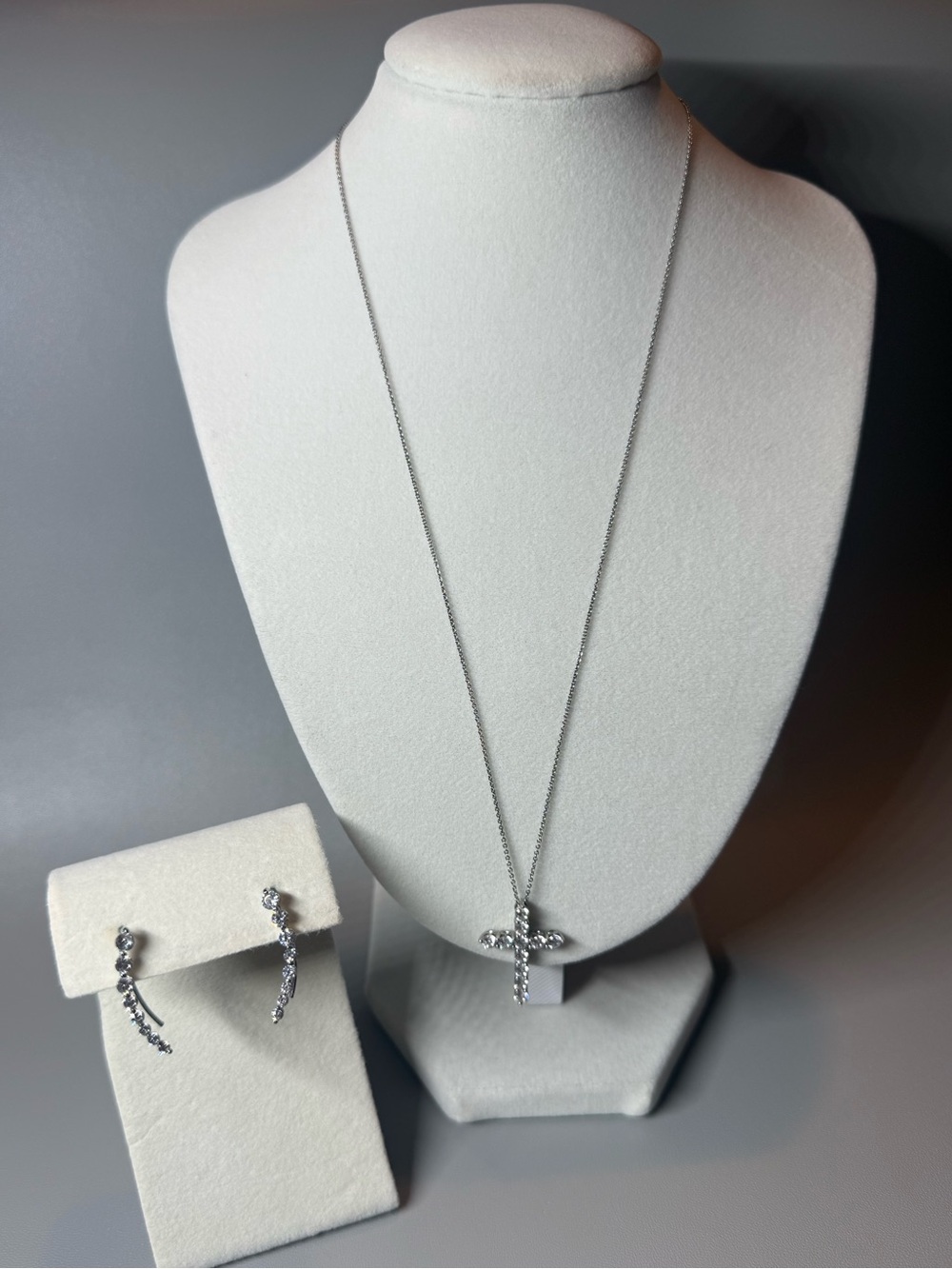 Macy’s CZ Cross Necklace and Earrings Set Silver Tone Sparkly Jewelry